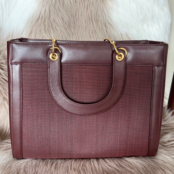 Vintage Red-Wine colour horse hair Handbag with foldable Leather Top handle, with golden metal hardware, Rigid box genuine leather bag