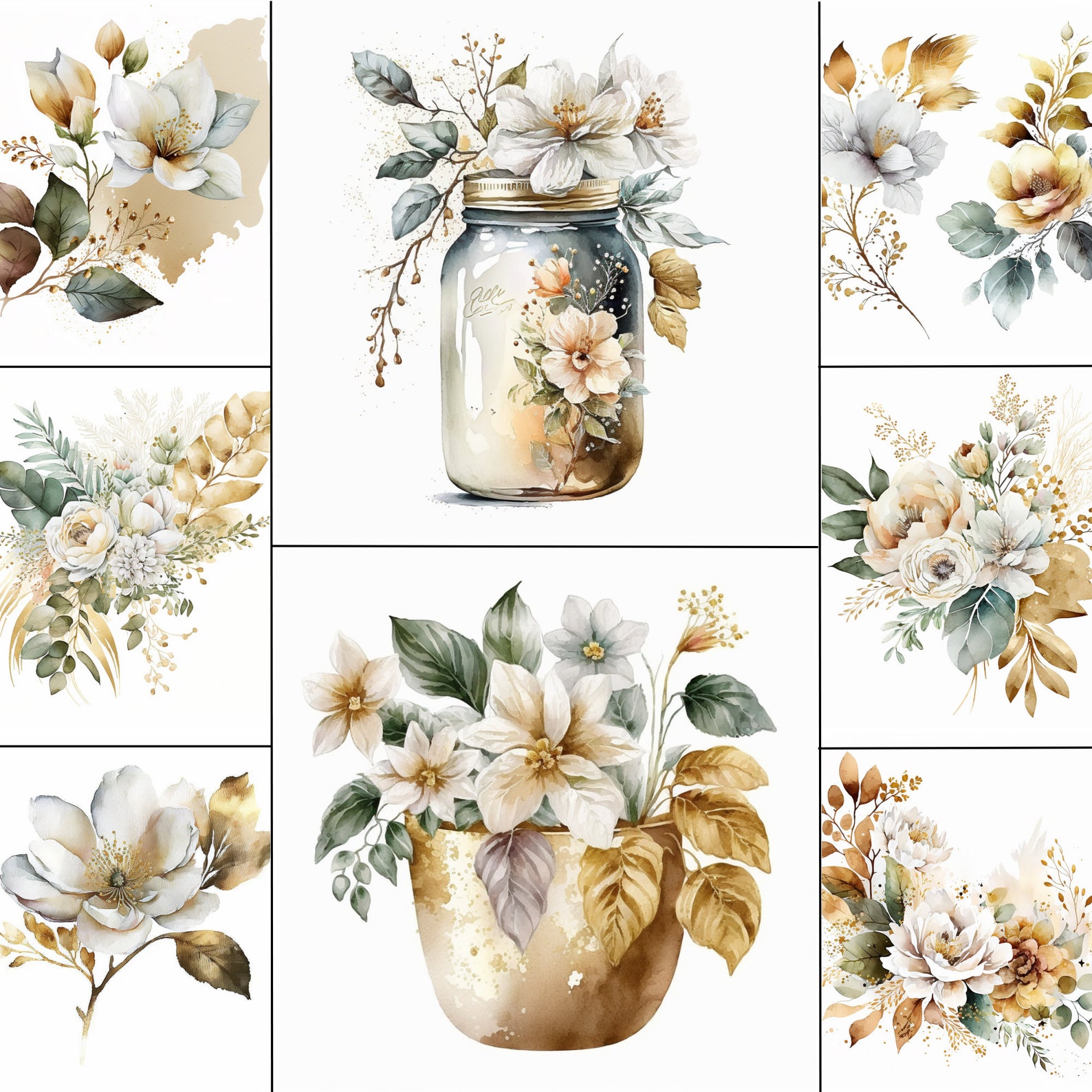 White and Gold Watercolor Clipart, 10 High-quality Pngs 300DPI ...