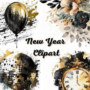 Clipart aquarelle nouvel an, 10 PNG de haute qualité 300 ppp, clipart noir et or, clipart vacances, usage commercial, fond blanc
