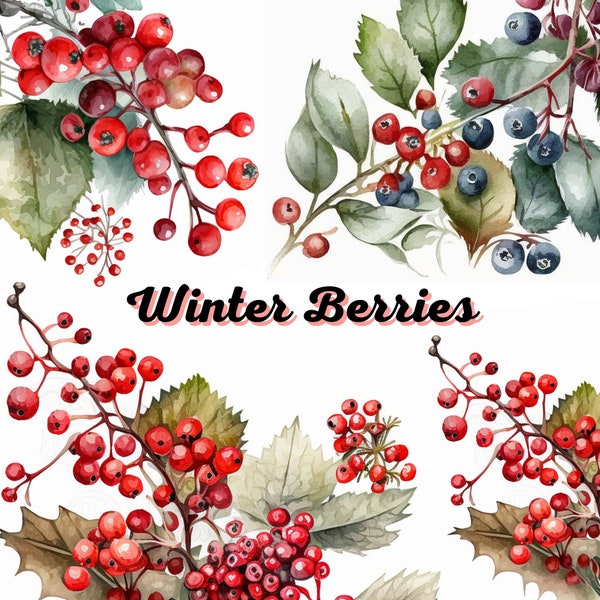 Winter Berries Watercolor Clipart, 10 PNGs High-Quality 300 DPI, Red Winter Berry, Commercial Use, White Background, Winter Berries Art