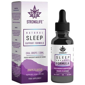 May include: A 30 ml bottle of Stronglife Natural Sleep Support Formula oral drops in grape flavour. The bottle is black with a white label and a purple mountain scene. The label says "Proven ingredients backed by science".