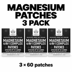 May include: Three identical black and white boxes of Magnesium 4-in-1 Complex Patches. Each box features the text Stronglife, Muscle Relaxation, Digestion, Sleep, Energy Boost, Effective Up To 12 Hours, and lists ingredients per patch.
