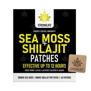 Puede incluir: Una caja de producto en blanco y negro para parches Stronglife Sea Moss y Shilajit. El texto dice Energy, Detox, Immunity, Effective up to 12 hours, Free from latex, lactose, gluten and sugar, 1000mg sea moss y 500mg shilajit por parche, 60 parches.