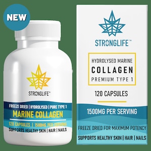 May include: White bottle with a blue and yellow leaf logo labeled "Stronglife" and "Marine Collagen". The bottle contains 120 capsules of hydrolyzed marine collagen, 1500mg per serving. The bottle is labeled "Freeze Dried" and "Supports Healthy Skin | Hair | Nails".