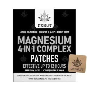 May include: A black and white product box for Stronglife Magnesium 4-in-1 Complex Patches. The text reads Muscle Relaxation, Digestion, Sleep, Energy Boost, Effective Up To 12 Hours, and lists ingredients including 250mg Magnesium Citrate.