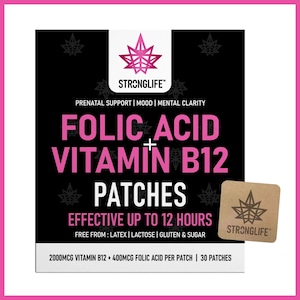 May include: A black and white product box for Stronglife Folic Acid + Vitamin B12 patches. The text reads Prenatal Support, Mood, Mental Clarity, Effective Up To 12 Hours, Free From Latex, Lactose, Gluten & Sugar, 2000mcg Vitamin B12 + 400mcg Folic Acid.