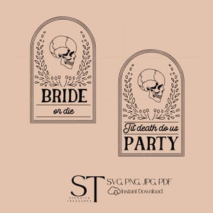 SVG de fiesta hasta que la muerte nos acompañe, clipart de boda gótica, descarga digital de despedida de soltera de novia esqueleto para Cricut y Silhouette