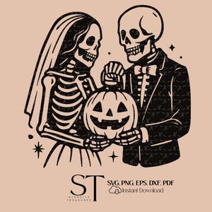 Skeleton Bride Groom holding pumpkin lantern SVG, Gothic Wedding Skeleton Clipart, Halloween Love Digital Download for Cricut  Silhouette
