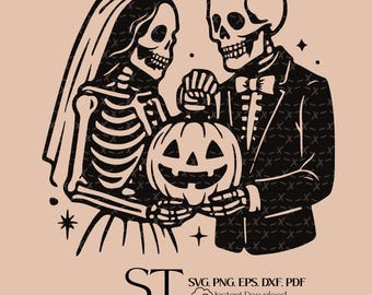Skeleton Bride Groom holding pumpkin lantern SVG, Gothic Wedding Skeleton Clipart, Halloween Love Digital Download for Cricut  Silhouette