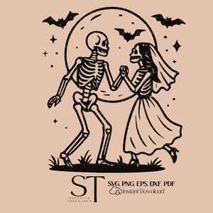 Skeleton couple dancing under a full moon with bats SVG, Gothic Wedding Clipart, Halloween Love Digital Download for Cricut  Silhouette