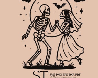 Skeleton couple dancing under a full moon with bats SVG, Gothic Wedding Clipart, Halloween Love Digital Download for Cricut  Silhouette