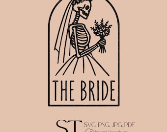 ゴシック スケルトン 花嫁 SVG | ハロウィーン ウェディング 花嫁 カット ファイル | Cricut 用死者の日の花嫁デザイン | 不気味なブライダル パーティー、