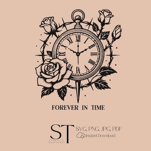Forever in Time SVG | Gotycki zegar i róże | Plik do cięcia rocznicy Dark Romance | Dekoracja ślubna Memento Mori | Victorian Love Cricut SVG