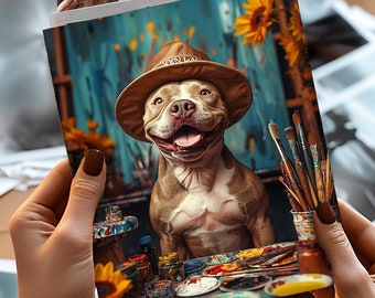 Funny Pitbull Artist Canvas Print : UK Watercolour Oil Painting Poster Prints Wall Art Printed Dog Pit Bull Dad Mum Acrylic A5 A4 A3 A2 P934