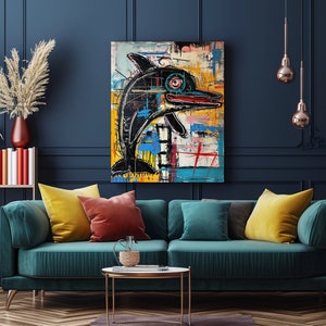 Abstract Dolphin Oil Painting Print: UK Poster Prints Wall Art Printed Canvas Basquiat Picasso Style Vibrant Colour A5 A4 A3 A2 A1 8CF5