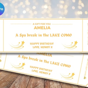 Bilhete dourado de presente, voucher frustrado, ingresso personalizado, voucher de Natal, feriado surpresa, presente personalizado, evento de aniversário, folha real