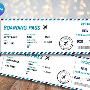 Modello di carta d'imbarco modificabile, biglietto aereo personalizzato stampabile, carta d'imbarco Canva, invito per viaggio a sorpresa con download digitale