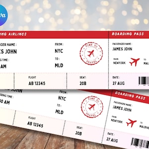 Editable Boarding Pass Canva Template, Printable Airline Ticket, Boarding Pass Surprise Trip, Digital Download DIY Boarding Ticket.