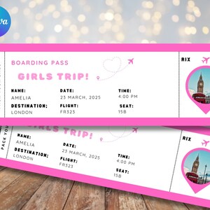 Bearbeitbare Bordkartenvorlage, druckbares personalisiertes Flugticket, Canva Bordkarte, digitaler Download Girls Trip Invite