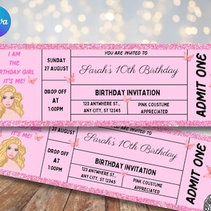 Mädchen-Geburtstags-Einladungskarte Rosa Glitzer-Geburtstags-Einladung Mädchen-Glitter-Einladung Lachsrosa Ticket einladen Sofort bearbeiten und drucken