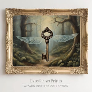 Vintage Flying Key | Dark Forest | Digital Artwork | Wizard Inspired Artwork | Subtle Fan Art | Magic School | Wizard School Home Decor