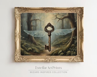 Vintage Flying Key | Dark Forest | Digital Artwork | Wizard Inspired Artwork | Subtle Fan Art | Magic School | Wizard School Home Decor