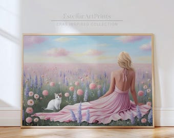 Krajobraz z pastelowymi kwiatami polnymi | Sztuka ścienna Eras | Dzieła sztuki Lover | Przedszkole Eras | Krajobraz z różową łąką | Kotek | Sztuka ścienna Spring Field | Lover