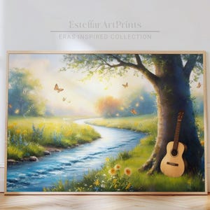 May include: A painting depicting a tranquil woodland scene with a stream flowing through it. A guitar rests against a tree trunk, and butterflies dance in the air. The painting is titled "Estelar ArtPrints" and "Eras Inspired Collection".