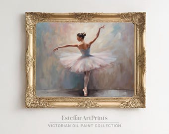 May include: A painting of a ballerina in a pink tutu, with a soft, dreamy background. The ballerina is in mid-pose, with her arms outstretched and her head tilted back. The painting is framed in a gold frame.