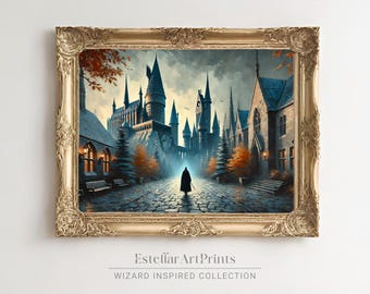 May include: A framed painting of a magical castle with a dark silhouette of a person walking towards it. The castle is surrounded by trees and a cobblestone path. The painting has a gold frame.