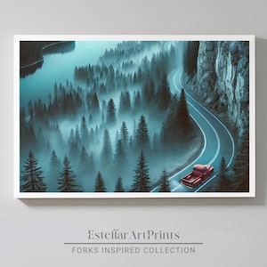 May include: A red vintage pickup truck drives along a winding road through a misty forest. The road is lined with tall, dark green trees and the sky is a light blue.