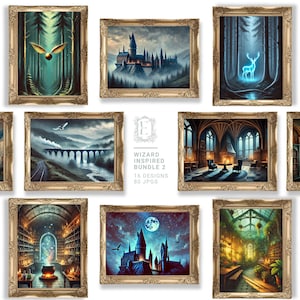 Paquete de galería de pared inspirada en magos / Descarga digital / Escuela de magos mágicos / Aula de magos / Arte de abanico sutil / Arte de pared de otoño melancólico