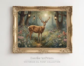 Deer in Whimsical Woods | Digital Art Print | Elegant Decor | JPG | Coquette Printable Wall Art | Vintage Oil Painting | Grandmillennial Art