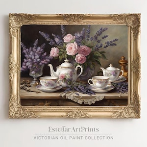 Kwiatowe przyjęcie herbaciane | Kwiatowa sztuka ścienna | Estetyka vintage | Sztuka kokietek | Wiktoriańskie przyjęcie herbaciane | Wydruk w stylu regencji | Obraz Royalcore | Różowy