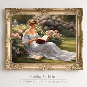 Spokojny ogród do czytania | Cyfrowy wydruk artystyczny | Elegancki wystrój | JPG | Coquette Printable Wall Art | Vintage Oil Painting | Maksymalistyczny apartament