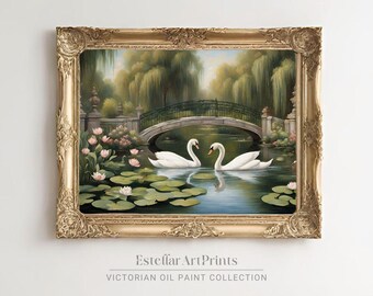 Swans Stone Bridge| Różowy i zielony wystrój | Miękka sztuka ścienna | Estetyka vintage | Pobieranie cyfrowe | Estetyka kokietki | Drukowana sztuka ścienna