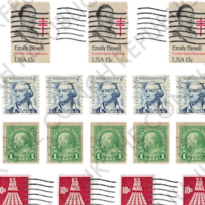 1930年代から1990年代のアメリカのヴィンテージの消印と切手PNGファイル。ステッカー、スクラップブック、ジャンクジャーナル、ファジーカット、キャンセルマーク、エフェメラなどに印刷可能。