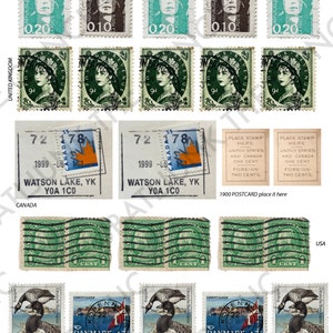 1930年代から90年代のヴィンテージ消印と切手（アメリカ、ヨーロッパ）PNG印刷可能。ステッカー、スクラップブック、ジャンクジャーナル、ファジーカット、消印エフェメラに