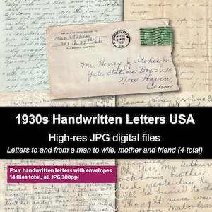 Cartas antiguas de los años 30 escritas a mano en EE. UU., de una esposa, madre y amiga a un hombre estadounidense, sobres en cursiva, sello efímero de Savannah, archivos PNG