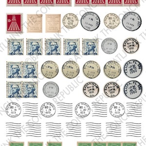Vintage jaren 1930 jaren 90 kaartjes poststempels en postzegels png-bestand afdrukbaar voor stickers plakboek ongewenste dagboek kieskeurige bezuinigingen annuleren markeren digitale ephemera