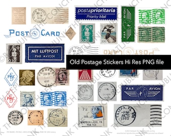 Vintage 1990s Postmarks and Stamps 2 PNG files US & Europe Ephemera for Stickers, Scrapbooking, Junk Journals, Printable Art POD