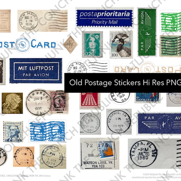 Vtg Stamps Seals postage stickers fancy cuts scrapbook art projects collage work US and foreign stamps air mail par avion cancellation marks