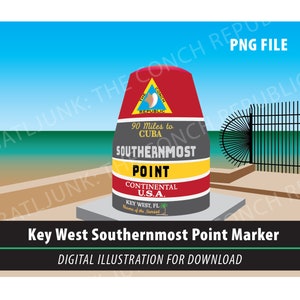Point le plus au sud de Key West PNG | Illustration Vectorielle De Monument De La Bouée De Floride | Graphique rouge noir jaune avec téléchargement numérique sky ocean bkgd