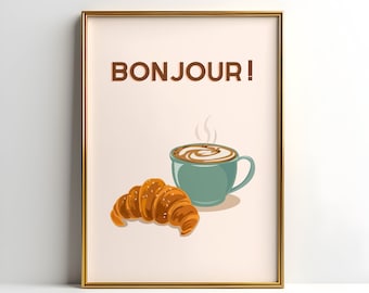 Impression d’art mural café, Bonjour! Affiche de cuisine rétro, Cadeau d’amateur de café, Impression numérique café, Café croissant français