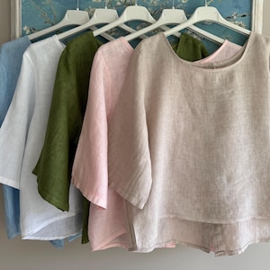 Top de lino 100% de corte relajado – Blusa de manga corta