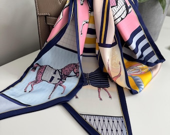 Equestrian Horse Print Silk-Feel Scarf | Thin Long Neck Scarf, Bag Scarf, Hair Accessory