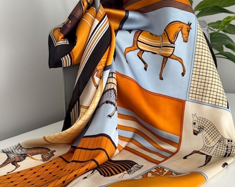 Bufanda cuadrada de seda satinada estampada de lujo, bufanda para el cuello estilo ecuestre, bufanda para bolso, pañuelo para la cabeza,