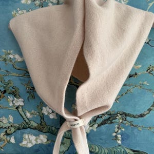 May include: A light beige scarf with a tie closure. The scarf is made of a soft, knitted material. The tag reads "WWWOOL". The scarf is displayed against a blue background with a floral design.