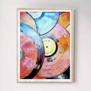 Impresión musical ecléctica: arte mural de vinilo retro, pintura rosa y naranja