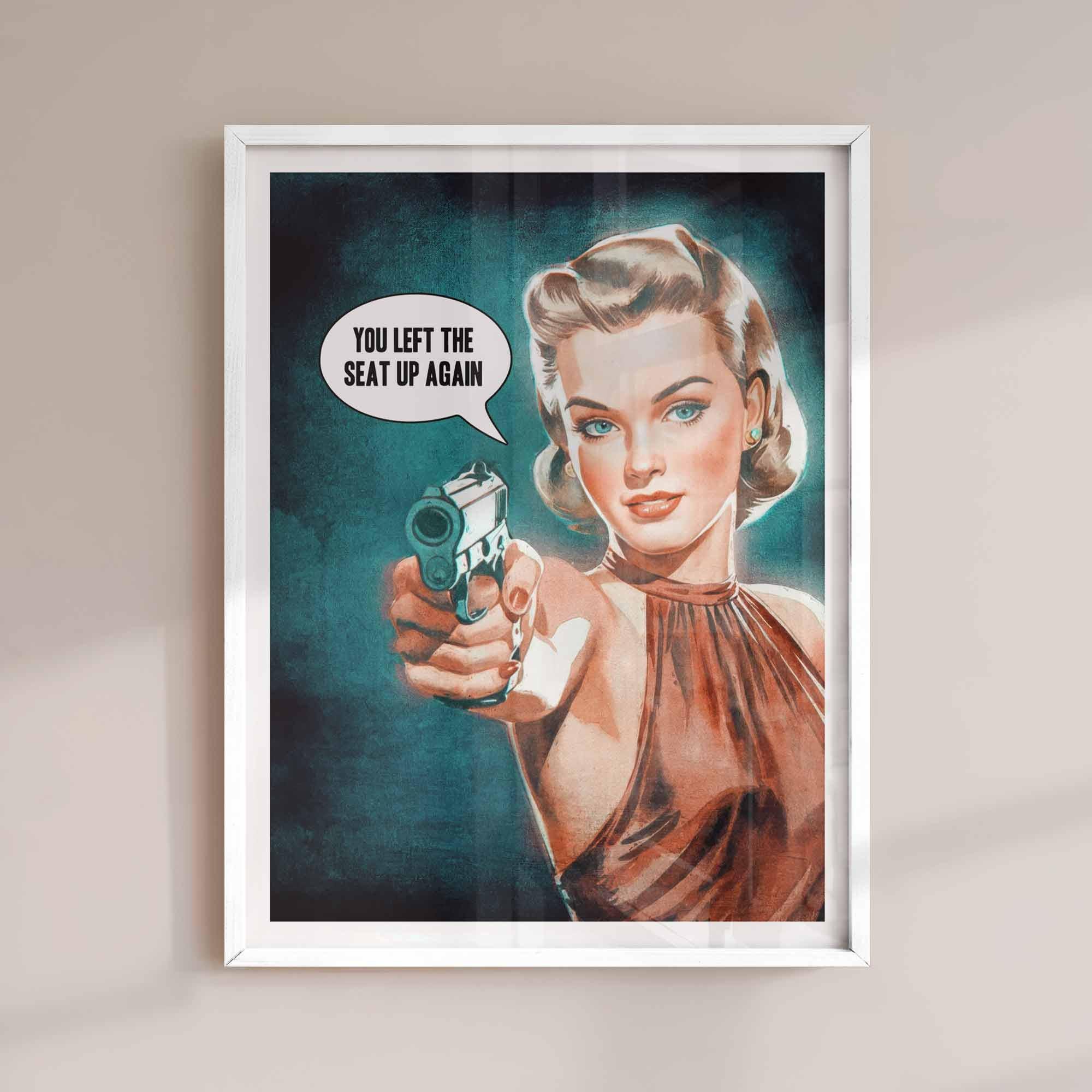 Funny Bathroom Wall Art | Vintage Woman With Gun Poster | Retro Toilet ...